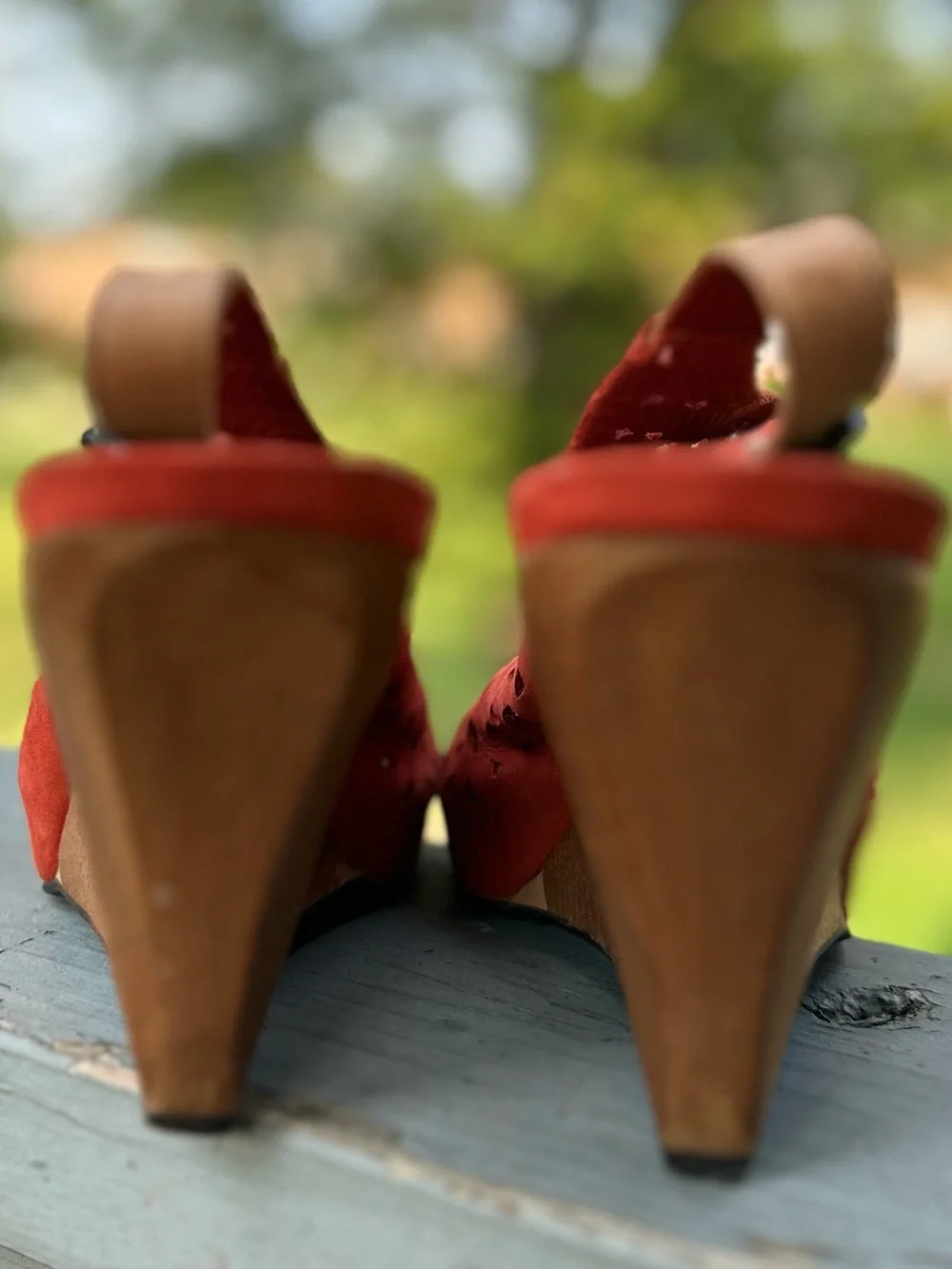 SCHULER & SONS PHILA 7.5 Orange Suede Laser-Cut Wedge Sling Back Sandals Wood